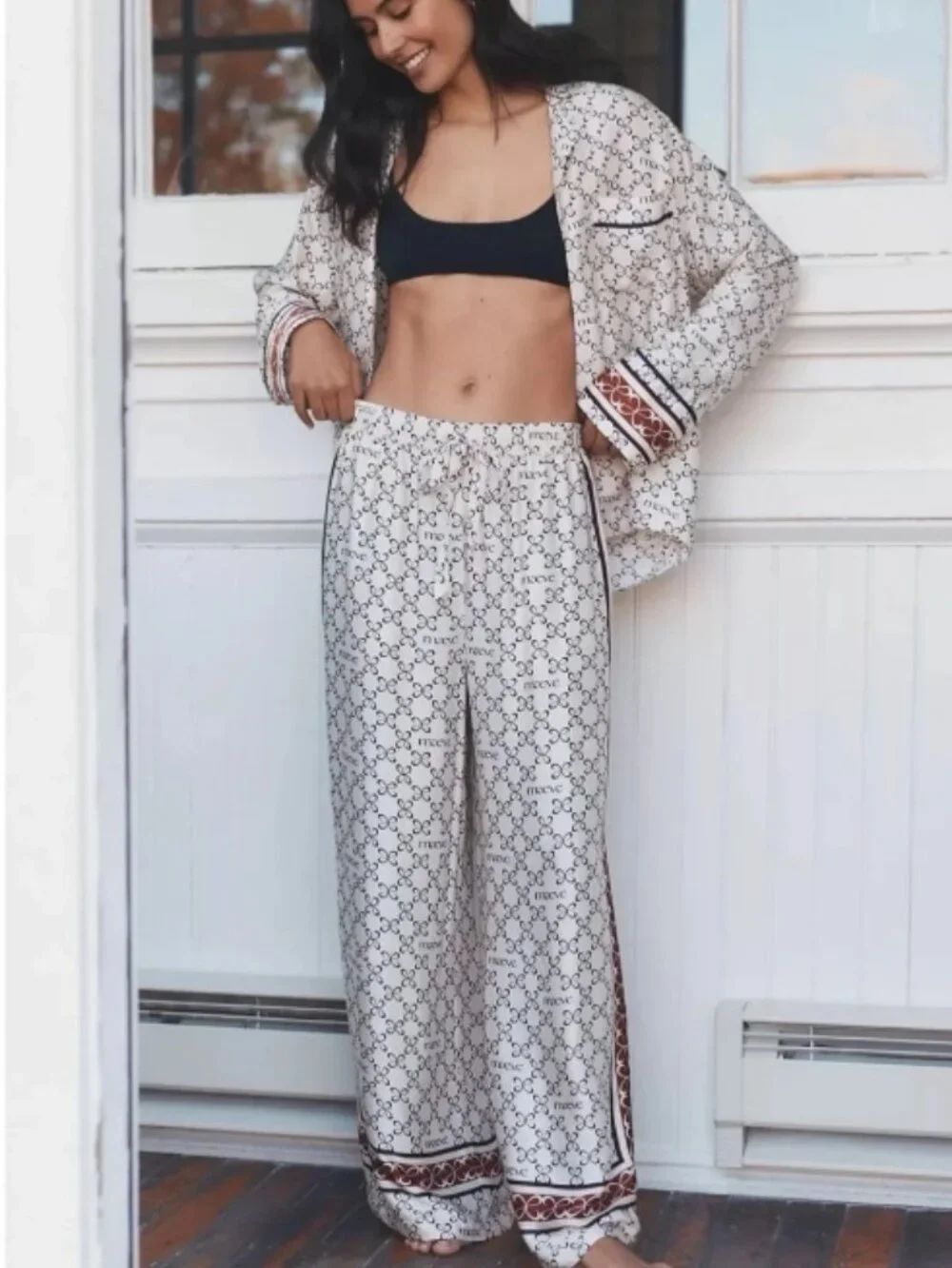 NWT Anthropologie Maeve Ivory Silken Pajama Top Wide Leg Pants SET